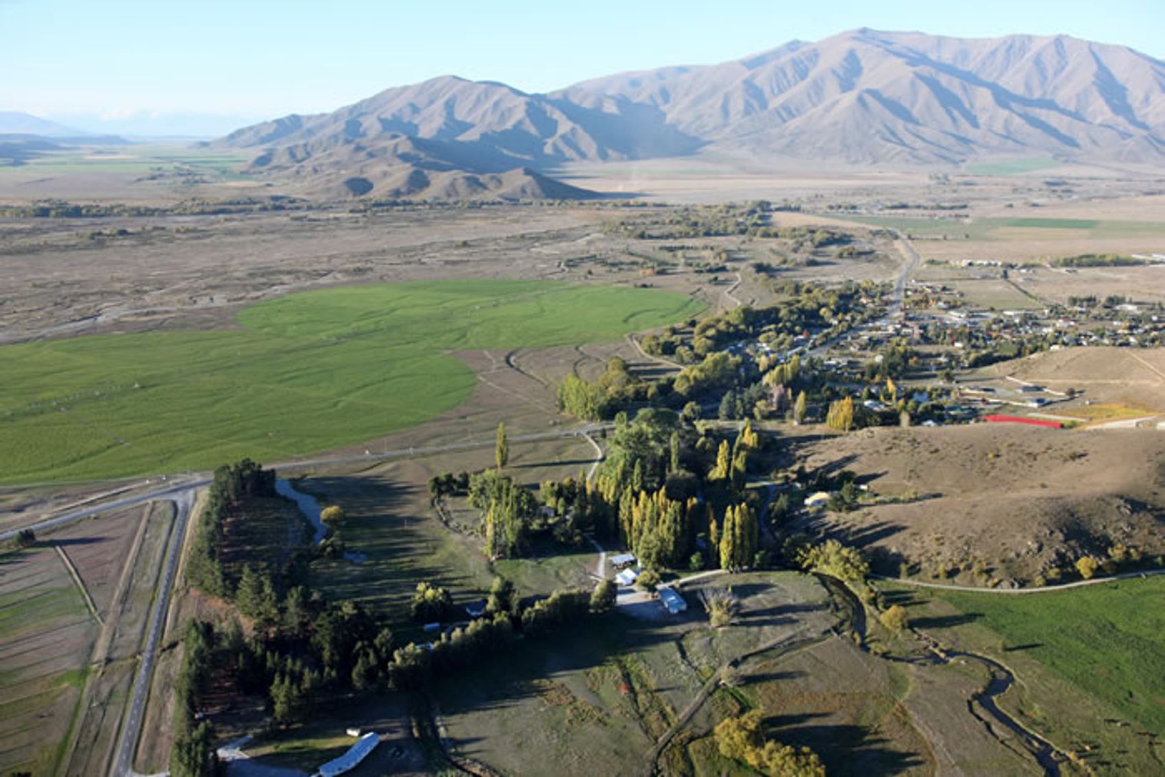 Aerial view over the Omarama township and the Mackenzie Basin