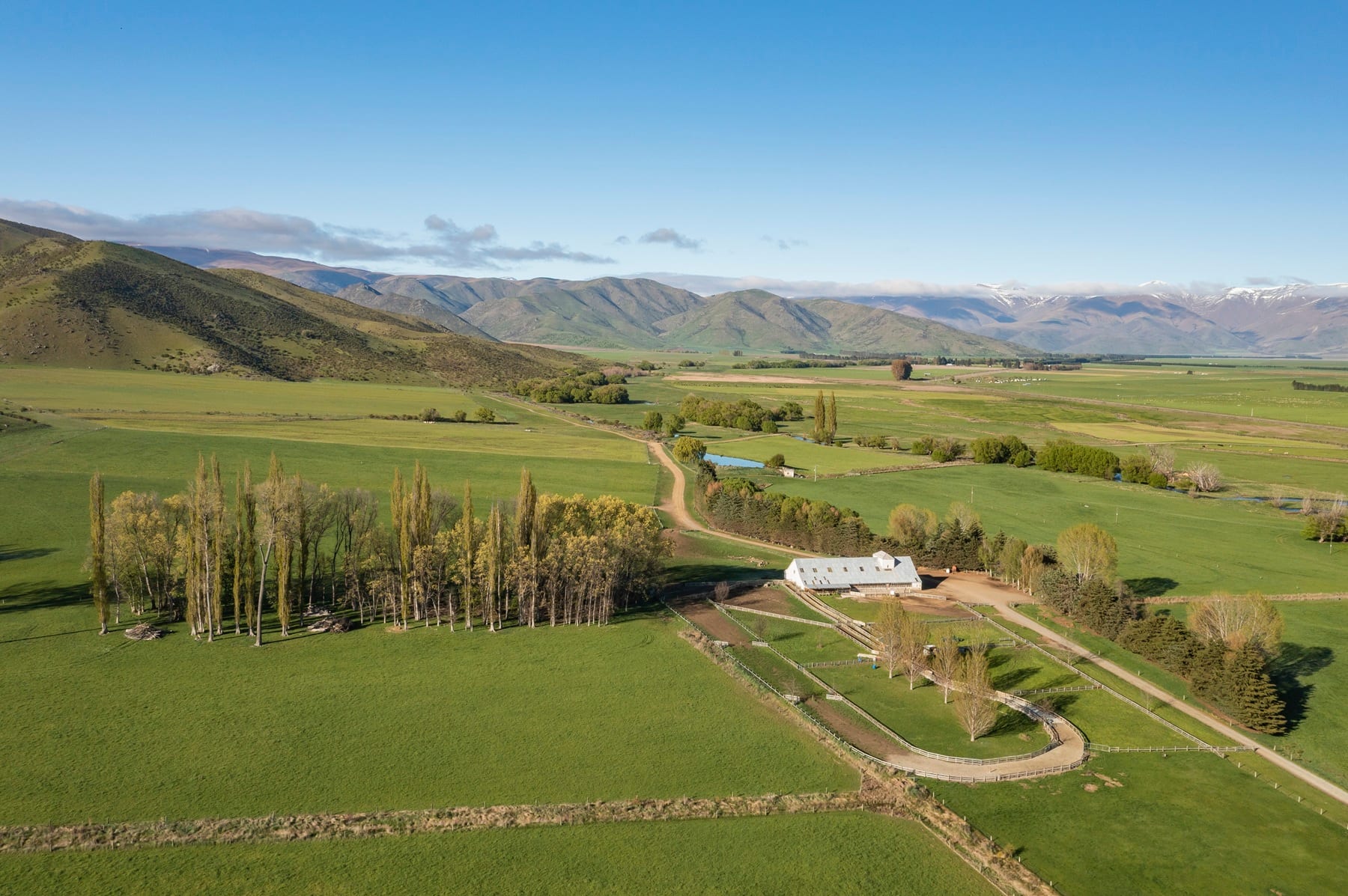 The woolshed and yards from the air, with the ranges beyond